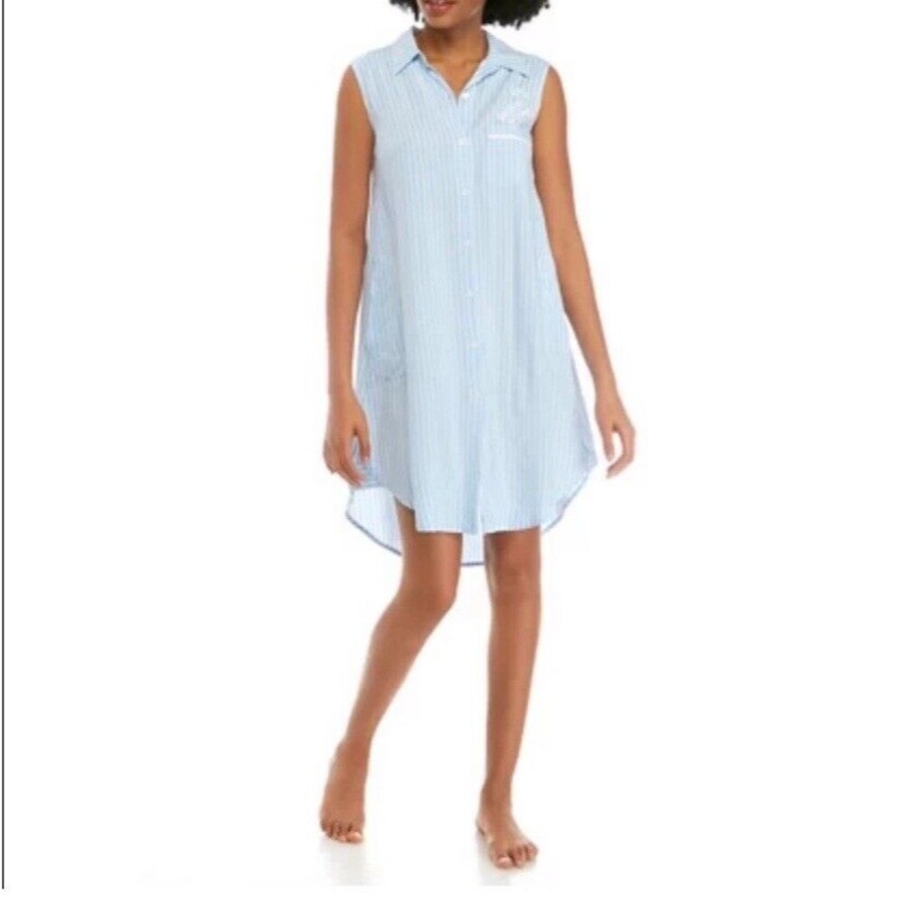 Miss Elaine Short Nightgown Size XL Sleeveless Button Stripe Cotton Light Blue